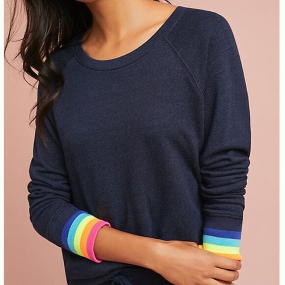 Anthropologie Sundry Blue Rainbow Trimmed Pullover Sweater 3 / Large - Picture 1 of 8